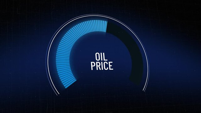 Digital interface display of oil price gauge decreasing rapidly, crude petroleum market cost falling, energy sector devaluation, bearish trend, lower fuel prices, global impact, copy space.