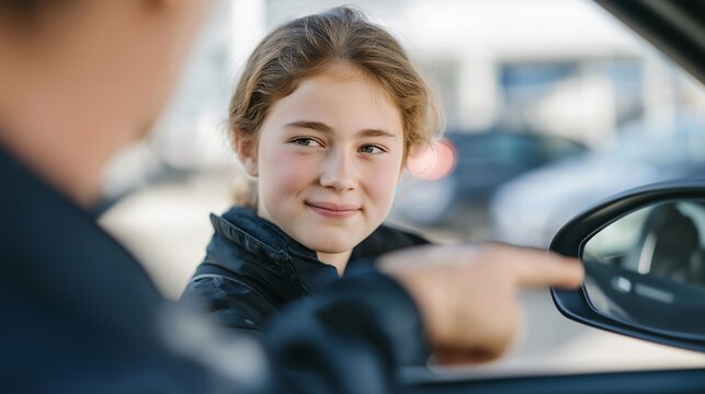 Teenage girl checks blind spot while reversing in parking lot as driving instructor points at side mirror, ideal for automotive education teen training safety, and modern learning theme cinematic