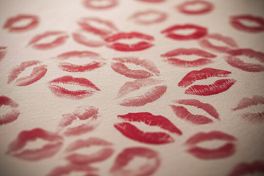 Pattern of red lipstick kiss marks on a textured light background