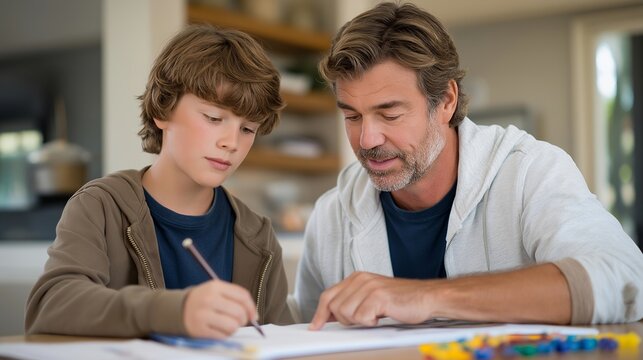 Stepfather patiently explains long division to frustrated stepson at kitchen table with manipulatives and drawings, perfect for blended family education math tutoring bonding, and contemporary