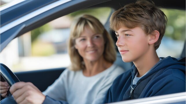 Teenage son adjusts side mirrors while mother watches from passenger seat in sedan before parallel parking practice on residential street, perfect for driving education teen safety training, and