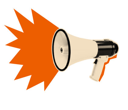 Halftone cutout megaphone sticker in retro pop art collage style for creative DIY zine designs.