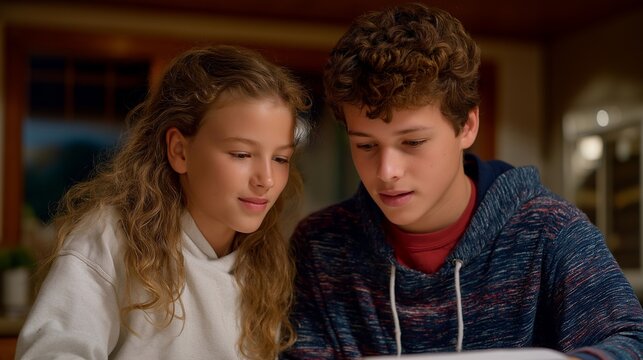 Stepbrother helps stepsister with math problems at kitchen counter while biological parent supervises homework completion, ideal for blended family education cooperation assistance, and modern