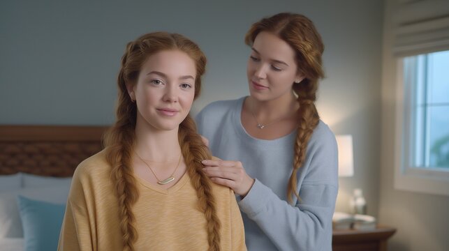 Stepmother braids stepdaughter hair in modest bedroom while biological children wait their turn during morning routine before school, perfect for blended family bonding hair care, and contemporary