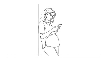 Fototapeta premium Single continuous line drawing young woman with smartphone on the wall. Single line draw design vector graphic illustration