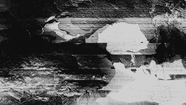 Dark monochrome signal corruption provides a distorted vhs effect with scanline artifacts. Grayscale digital noise and pixel sorting create an abstract glitch background for metal or grunge design.
