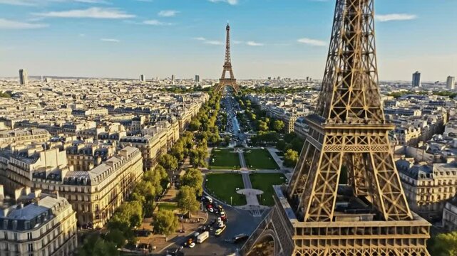 Panoramic Aerial View of Paris Landmarks Arc de Triomphe and Eiffel Tower.