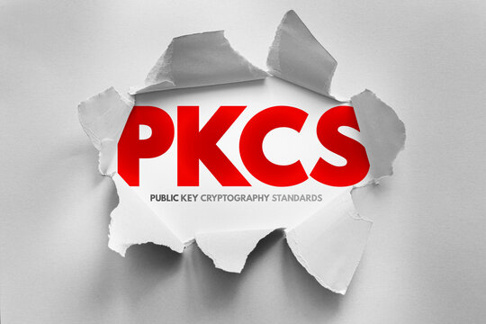 PKCS Public Key Cryptography Standards text revealed through torn paper, secure encryption framework illustration highlighting cryptographic rules