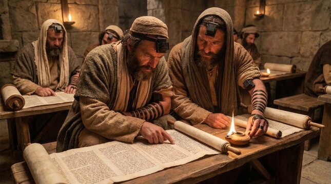 Jewish men reading ancient religious scrolls in candlelit stone room. Scholars studying torah by oil lamp. Biblical era setting, spiritual meditation, jewish tradition and culture.