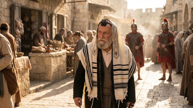 Elderly Jewish man with prayer shawl walking in ancient Jerusalem marketplace. Roman soldier standing in background. Biblical scene reflecting religious history and tradition for faithful.
