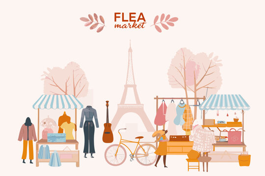 A vibrant flea market scene unfolds with parisian elements and stylish people