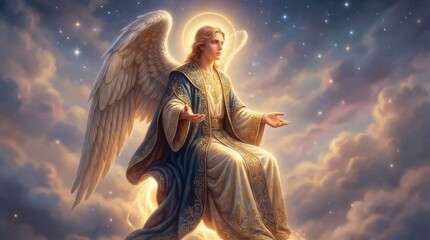 Obraz premium Angel sitting on cloud in starry night sky. Divine being with wings wearing ornate royal robe. Religious concept of heaven, spirituality, grace and celestial messenger. Faithful art.