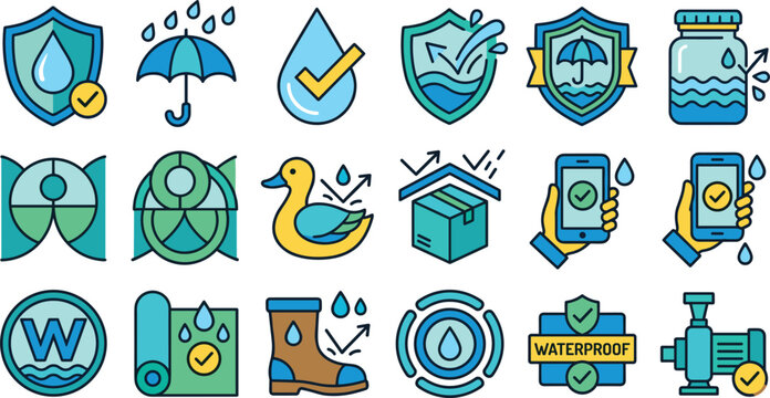 Set of waterproof protection icons including umbrella shield rain gear phone case boots and seals for water resistant safety vector
