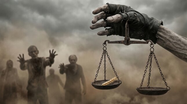 Hand of death holding scale with wheat ear against apocalypse. Symbol of famine and end time prophecy from Bible revelations. Religious judgment and suffering in dark atmosphere.