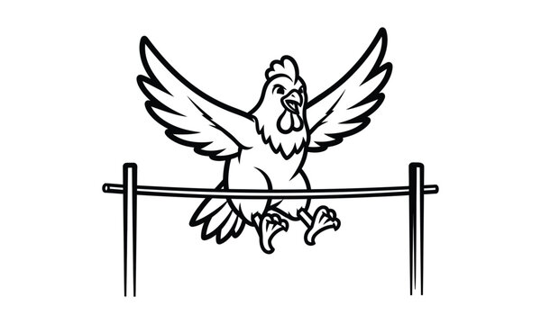 Chicken jumping over hurdle bar in high jump track and field drawing