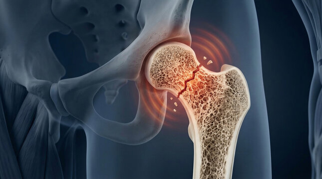 Human hip joint showing femur bone fracture