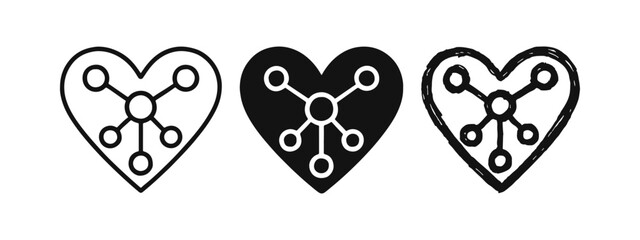 Fototapeta premium Love Connection Network Heart Icon Set, Relationship Molecule Symbol in Outline, Solid, and Doodle Styles.