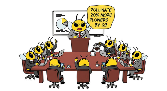 A group of bees in business attire sitting around a conference table with a leader presenting a goal to pollinate 20% more flowers by Q3.