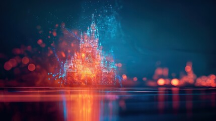 Fototapeta premium Digital rendering of a vibrant castle bursting with light, reflected on a polished surface