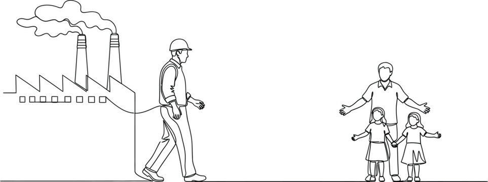 Industrial worker connected to family by umbilical cord line drawing illustration