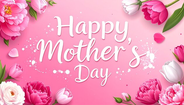 Happy mothers day text on pink background surrounded by pink and white flowers