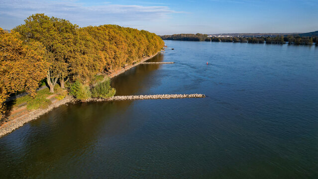 Rock breakwaters in the river Rhine in Germany, seen from above