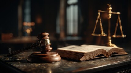 Obraz premium Gavel and scales of justice with open law book on a marble table