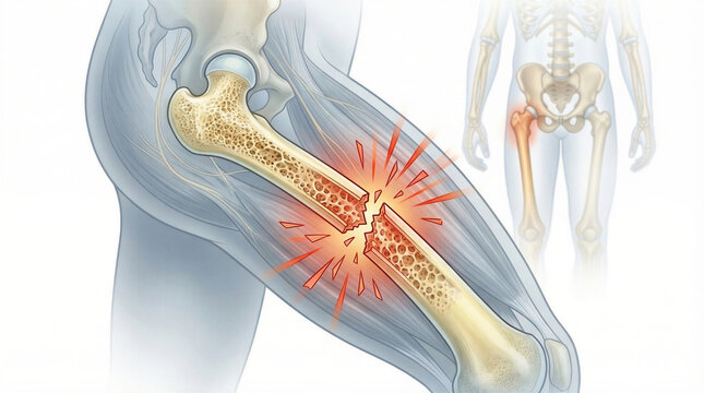 Femur bone fracture in thigh showing pain