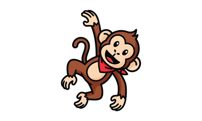 Obraz premium Playful brown monkey hanging with red bandana scarf cartoon character