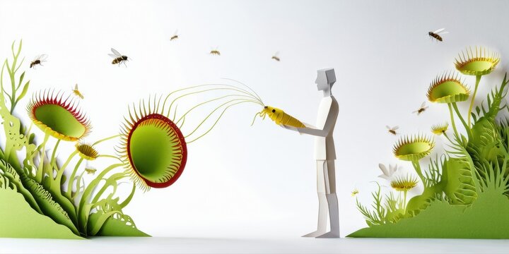 Papercraft illustration depicts person reaching toward vibrant Venus flytrap plants. Bees surround foliage, creating surreal scene.