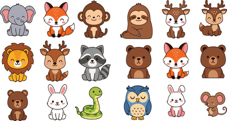Fototapeta premium Cute Cartoon Woodland and Wild Animal Collection Featuring Fox, Bear, Deer, Owl, Rabbit, Raccoon, Lion and More for Kids Nursery and Education Design Projects.