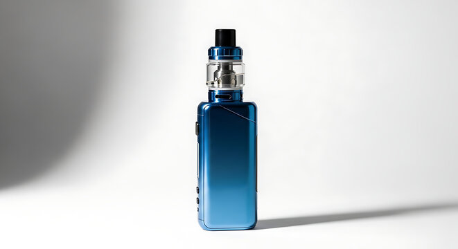 Blue vape device with clear tank on white background