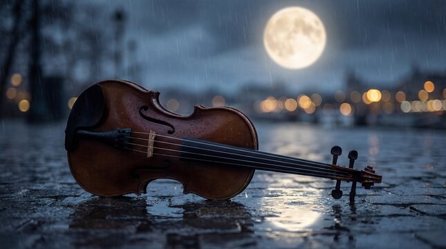 Melancholy Violin Serenade Under a Full Moon on a Rainy Night Evokes Emotion and Romantic Atmosphere in Urban Scenery