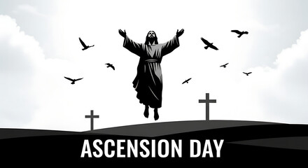 Black and white illustration of jesus christ ascending into the sky on ascension day
