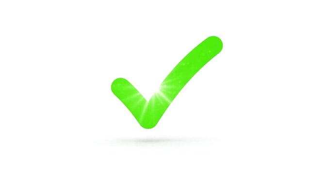 Bright green checkmark floats and sparkles against a clean white background, celebrating approval or success