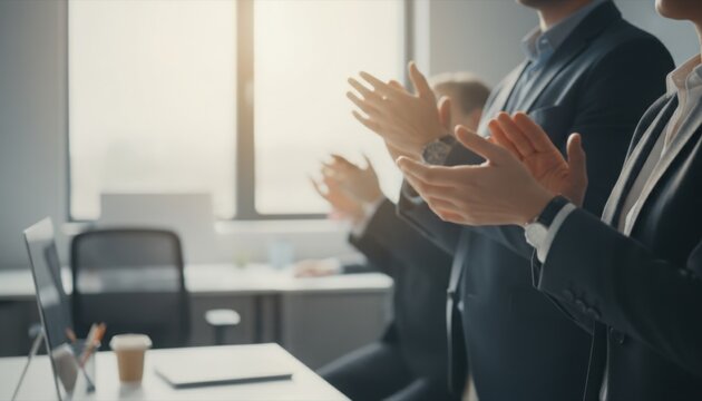 Business professionals in formal suits stand in bright office room while clapping hands during corporate event to show support and appreciation