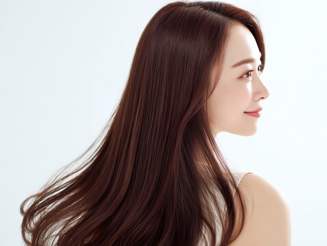 美しい茶髪のロングヘアをなびかせて後ろを振り向き笑顔を見せる横顔の女性のクローズアップ