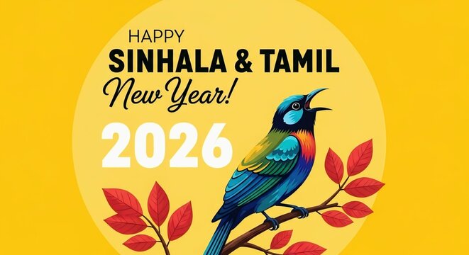 Happy Sinhala and Tamil New Year 2024 Greeting with Bird, Sun Circle and Floral Branch Illustration