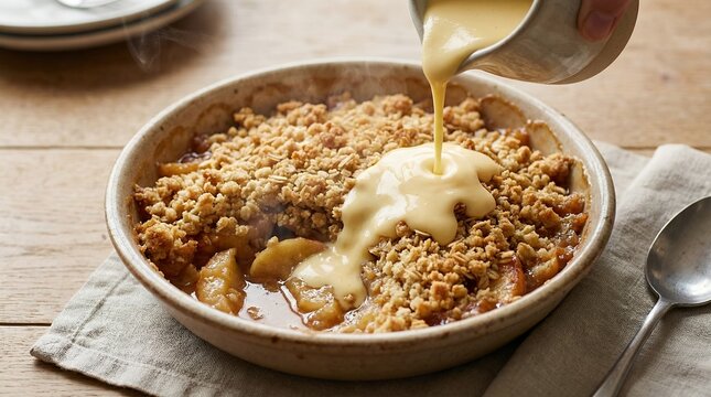 Traditional Apple Crumble with Custard British Dessert