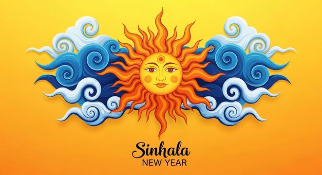 Sinhala New Year Artistic Sun Face with Decorative Waves on Golden Background