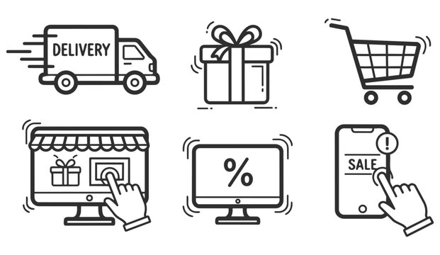 Ecommerce delivery and shopping icon set with truck gift cart and discount elements detailed professional vector illustration clean modern line art style suitable for branding packaging web design soc