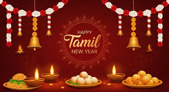 Happy Tamil New Year Greeting with Oil Lamps, Sweets and Ornamental Gold Frame on Red Background