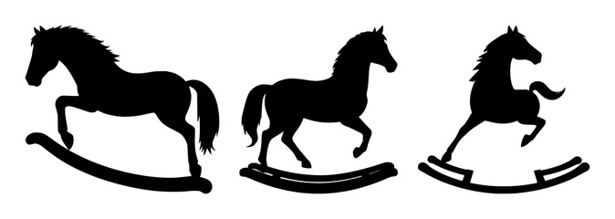 Fototapeta premium Rocking horse silhouette set with stylized curved body and dynamic motion featuring equestrian, nursery, classic toy with monochrome black and outline