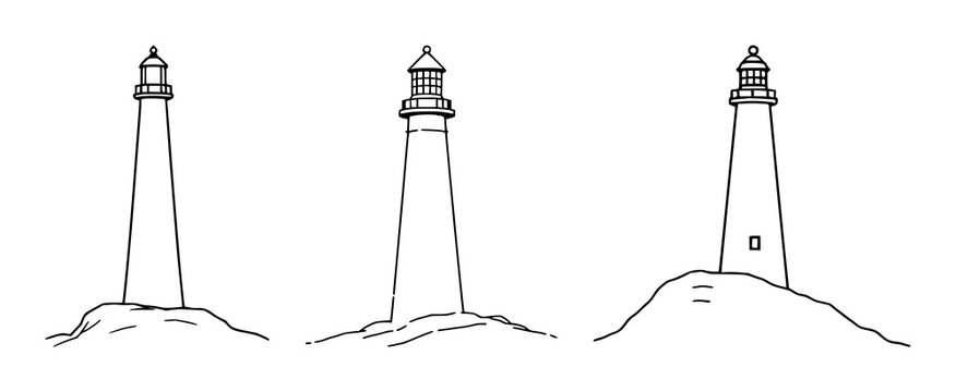 Minimalist line art of a lighthouse beam cutting through fog, coastal decor, simple fluid strokes, isolated on white. set with simple line art design featuring line art, illustrations, graphic reso...