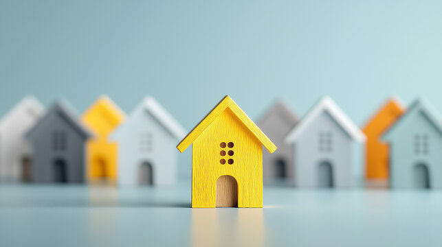 Yellow miniature house standing out among muted homes symbolizing prime property selection real estate opportunity housing market focus investment potential and standout residential choice concept