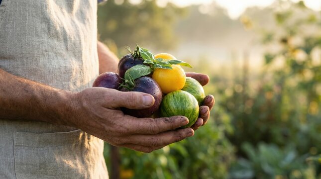 Hands holding a variety of fresh, organic fruits including green apples, yellow lemons, and purple plums, with a lush garden background illuminated by soft morning light