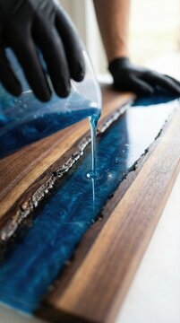 Person in black gloves pours blue resin into a wooden slab with natural edges, showcasing the craftsmanship of epoxy resin art in a well-lit indoor workspace with a blurred background