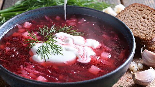 Pouring Cream Into a Bowl of Delicious Borscht Soup Garnished With Dill and Sour Cream