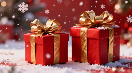 Fototapeta premium Red Gift Boxes with Gold Bows in Snow