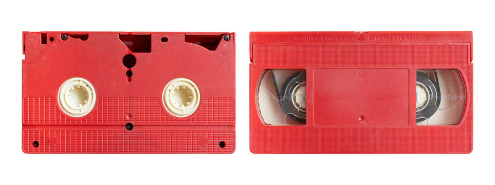 Red VHS cassette front and back isolated on transparent background PNG.